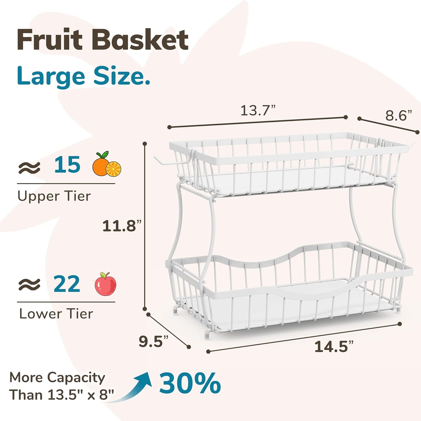 Large 2-Tier Fruit Basket for Kitchen Counter with 2 Banana Hangers – Metal Fruit Bowl for Onion, Vegetable, Snacks, Breads Storage – Countertop Organizer – White