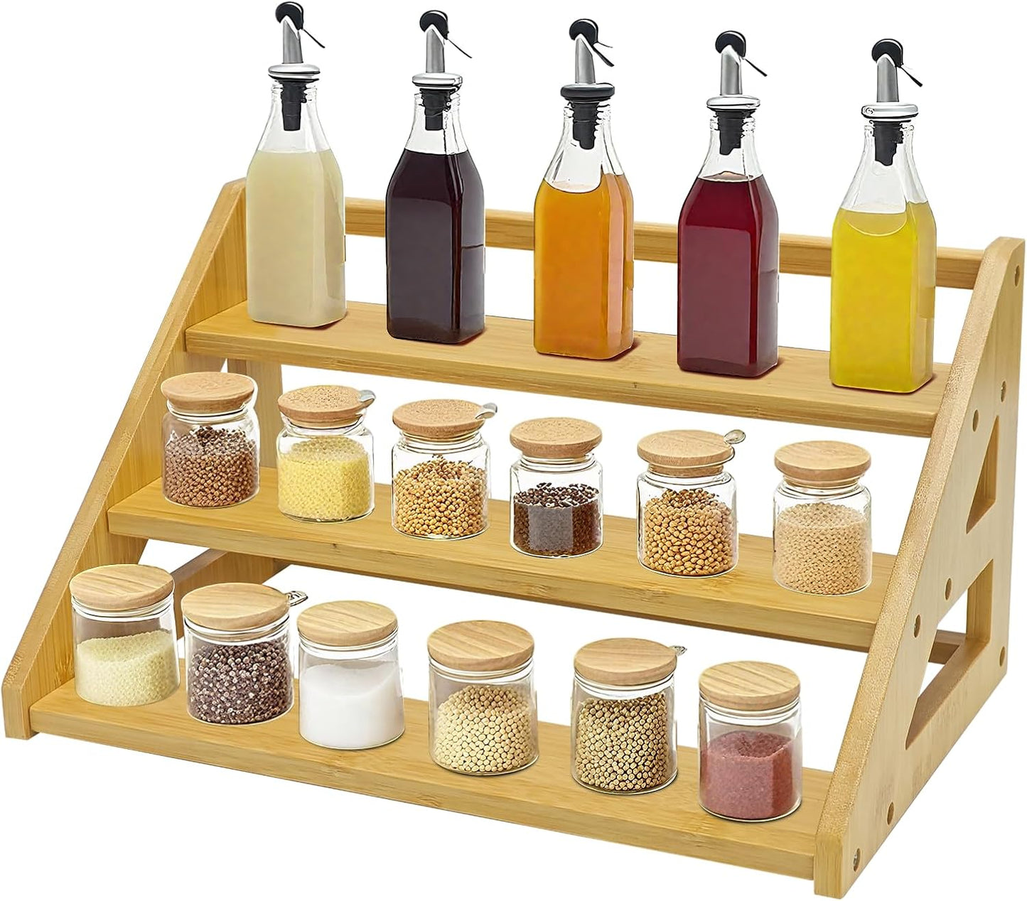 3-Tier Spice Rack Organizer,Bamboo Spice Rack for Kitchen Countertops,Cabinets & Pantries,Modern Space-Saving Design, Durable Bamboo Organizer (Spice Bottles Not Included)