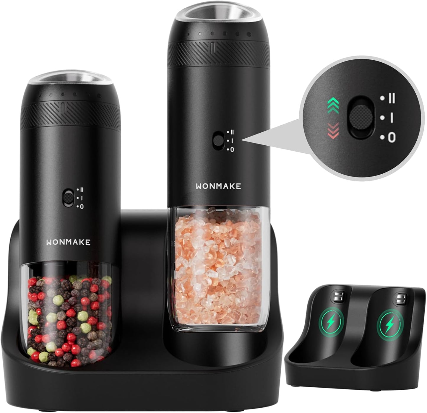 WONMAKE Gravity Electric Salt and Pepper Grinder Set with Charging Base, Automatic Salt and Pepper Mill, 6-Level Adjustable Coarseness, Dual Speed, and Large 5.95oz Capacity