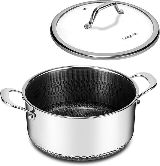 Hybrid Nonstick 5 QT Stockpot with Lid Two Handles, Stainless Steel Stockpot with Honeycomb Texture,Compatible with All Cooktops,Dishwasher and Oven Safe