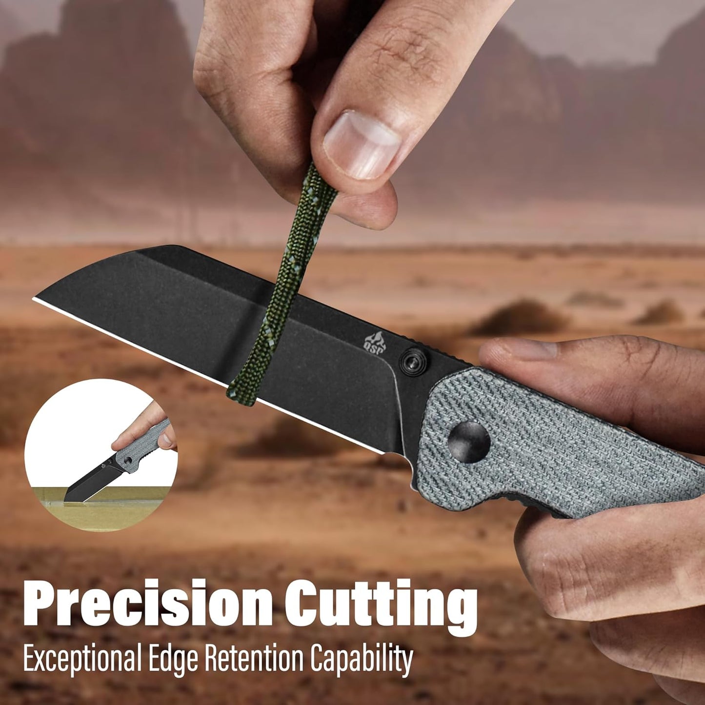 QSP Penguin V2 Folding Pocket Knife, 3.06" D2 Black Stonewash Blade EDC Knife, Denim Micarta Handle, Liner Lock, Ceramic Ball Bearings, Reversible SS Deep Carry Clip