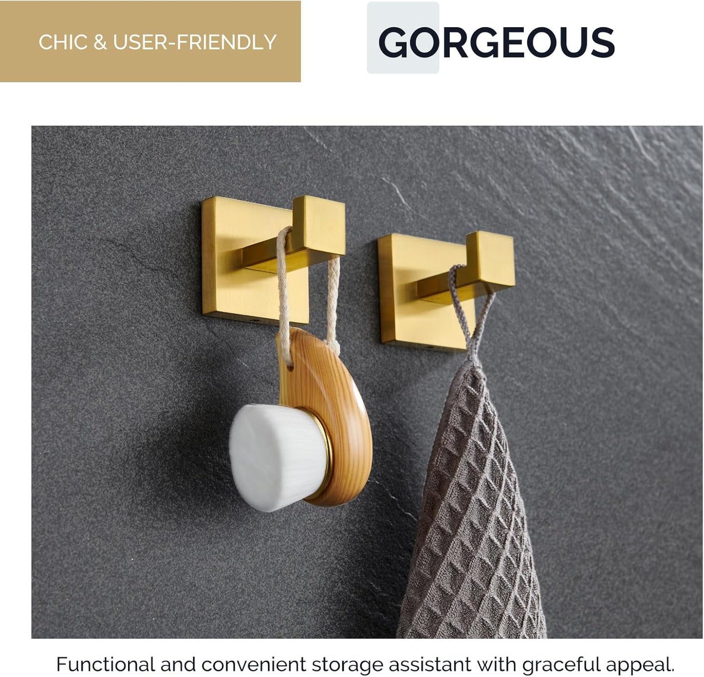 Angle Simple Towel Hook Brushed Gold 2 Pack, 304 Stainless Steel Square Robe Hook for Bathroom