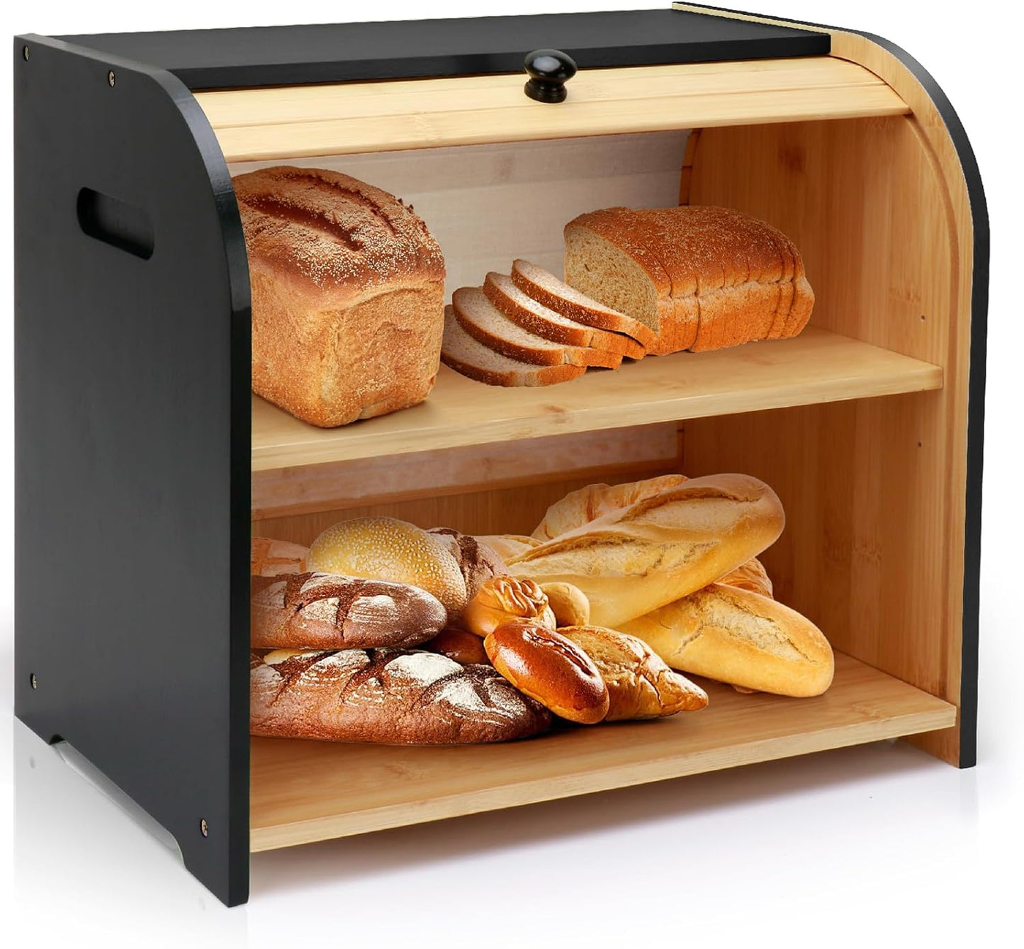 Bread Box for Kitchen Countertop, Double Layer Bamboo Bread Storage Container for Homemade Bread, Roll Top Bread Box with 3 Adjustable Height for Kitchen Counter, Black Breadbox Organizer