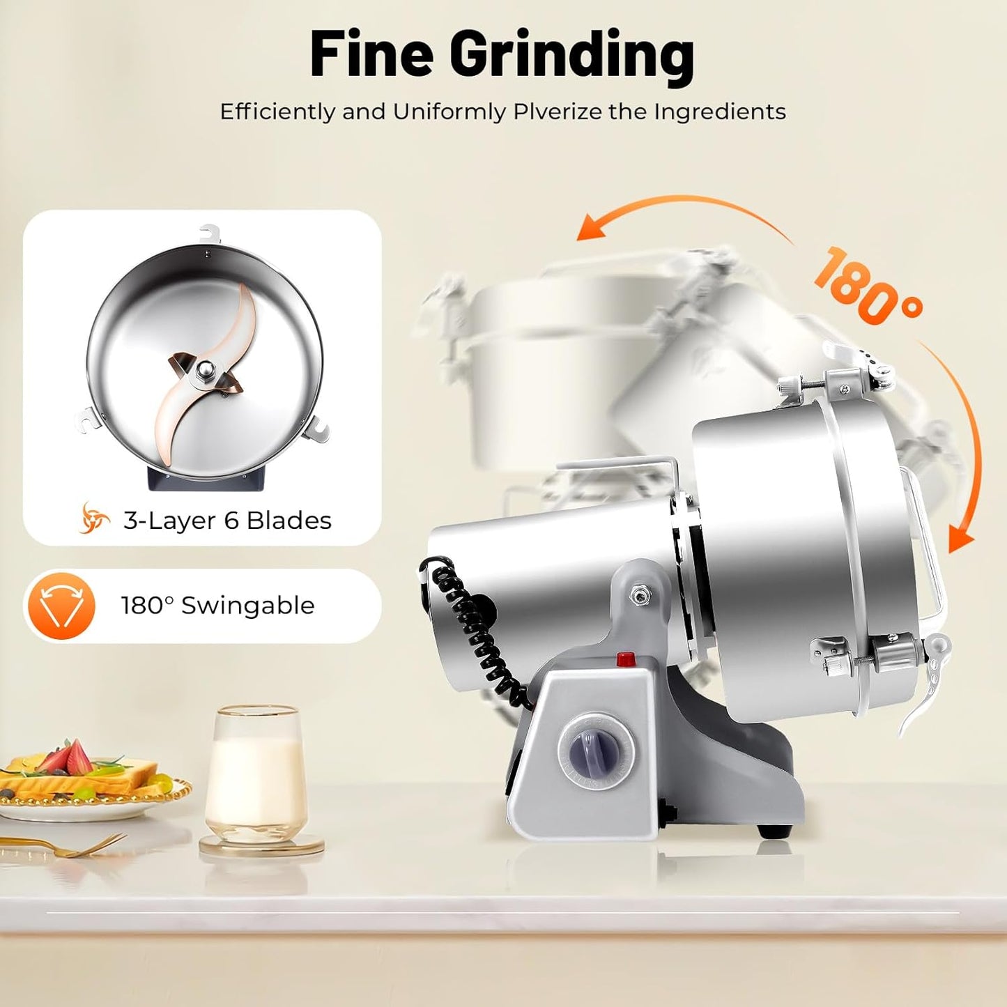 Electric Grain Mill Grinder, 2500g/5.51lb High-speed 32000r/min Food Grinder, 110V 4500W Countertop Grain Mill for Dry Spice Herbs Grains Coffee Rice Pepper (2500g)