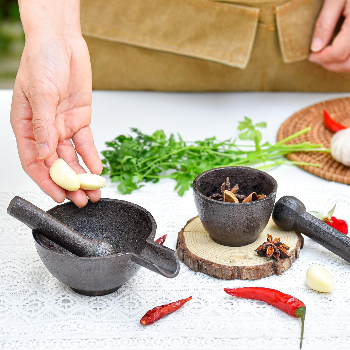 Sungmor Cast Iron Mortar and Pestle, Small Heavy Duty Black Spice Grinder Set, 3.9" Mortar with Pour Spout and 3.9" Long Pestle, Rustic Useful Kitchen Tools for Grinding Spices, Herbs, Nuts and Pesto