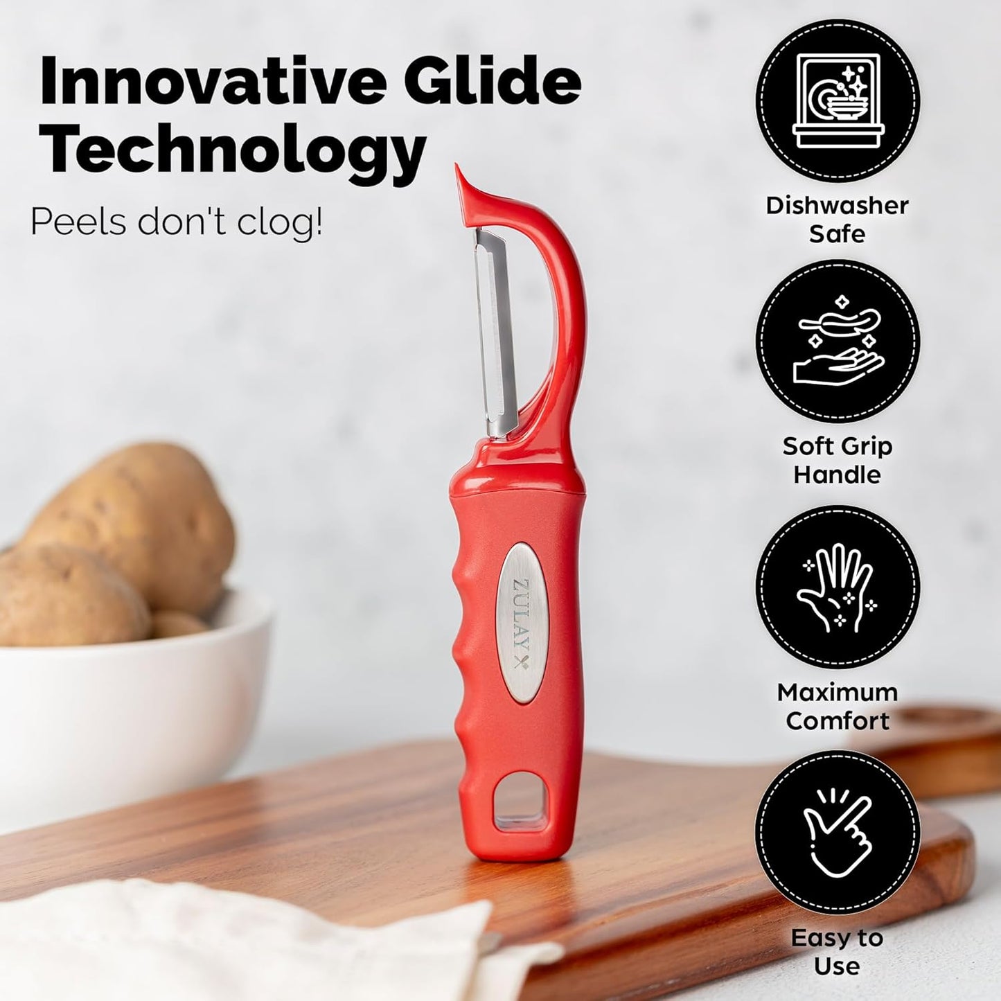 Zulay Kitchen Premium Vegetable Peeler for Kitchen - Swivel Peeler with Razor Sharp Stainless Steel Blades & Strong Ergonomic Handle - Dishwasher Safe, Easy To Use with Blemish Remover - Red