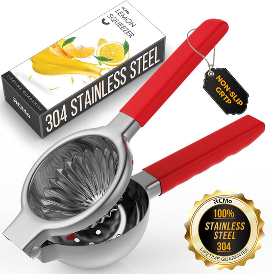 Lemon Squeezer Stainless Steel - Premium Quality, Heavy Duty Solid Metal Squeezer Bowl - Large Manual Citrus Press Juicer and Lime Squeezer (Red)