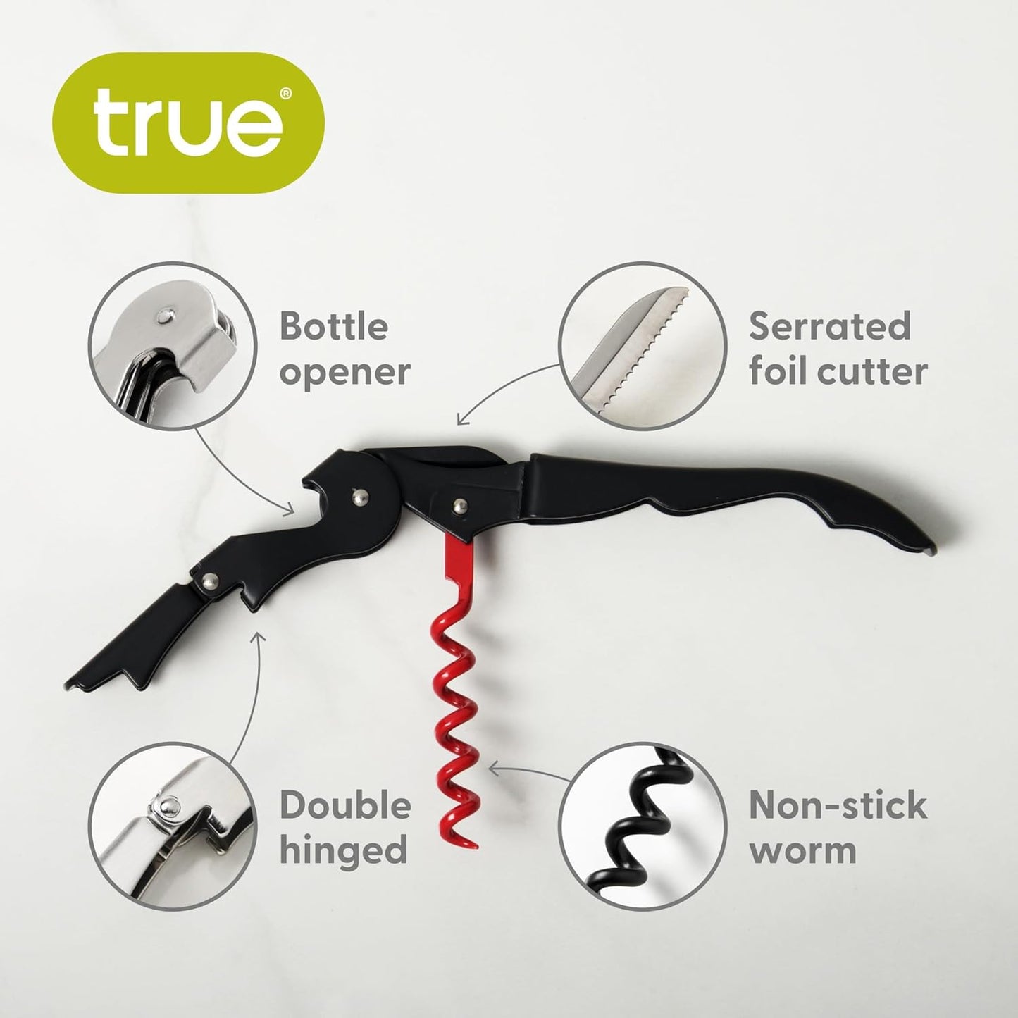 True Brands TrueTap Double Hinged Waiters Corkscrew, Top-notch Stainless Steel Opener with Foil Cutter Built to Last Wine Key Black Red, Set of 1
