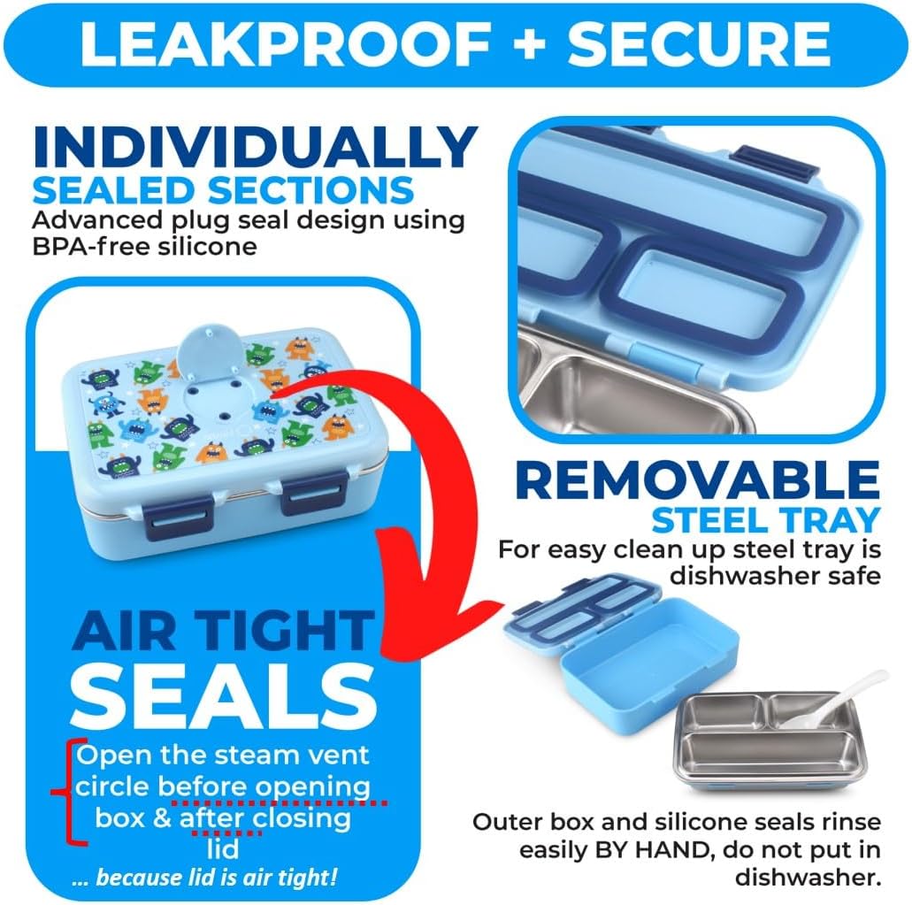 Stainless Steel Lunch Box for Baby Toddlers Boys, Mini Bento, 3 Eco Metal Portion Sections Leakproof Lid, Pre-School Daycare Lunches, Kids Spill-Proof Snack Container, 18 oz/ 550 mL Blue Cute Monster