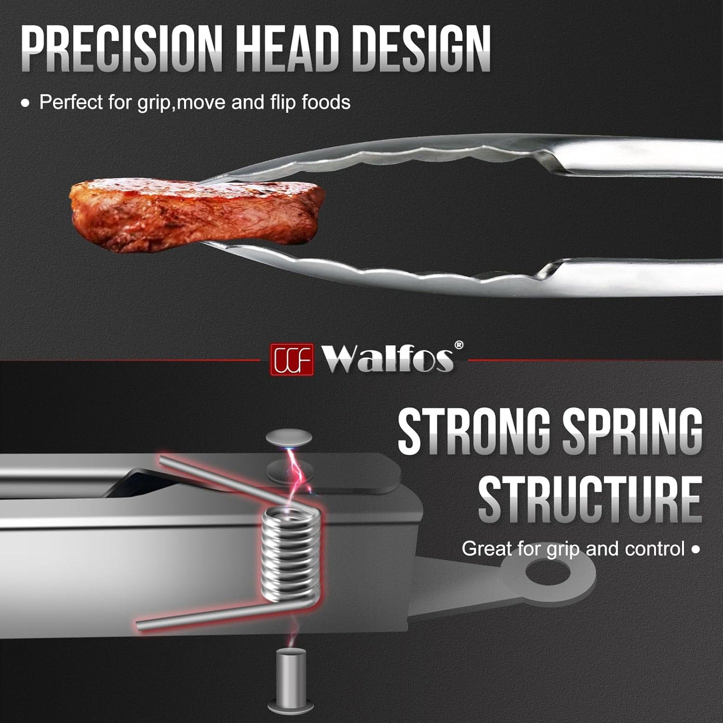 Walfos Stainless Steel Tongs, 3-Piece Set (7", 9", 12") - Heavy Duty, Heat Resistant, Non-Slip Grip, BBQ Grilling & Cooking Tongs