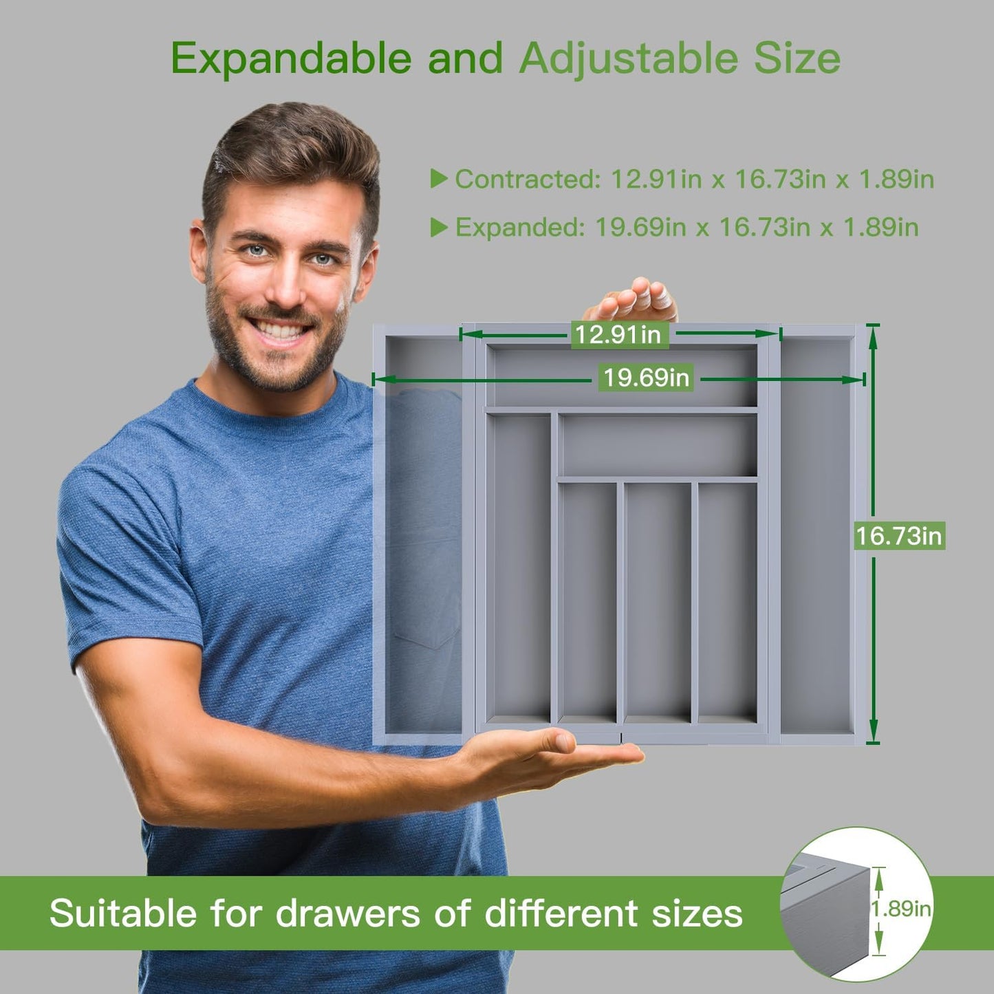 Pipishell Bamboo Expandable Drawer Organizer for Utensils Holder, Adjustable Cutlery Tray, Wood Drawer Dividers Organizer for Silverware, Flatware, Knives in Kitchen, Bedroom, Living Room(Grey)