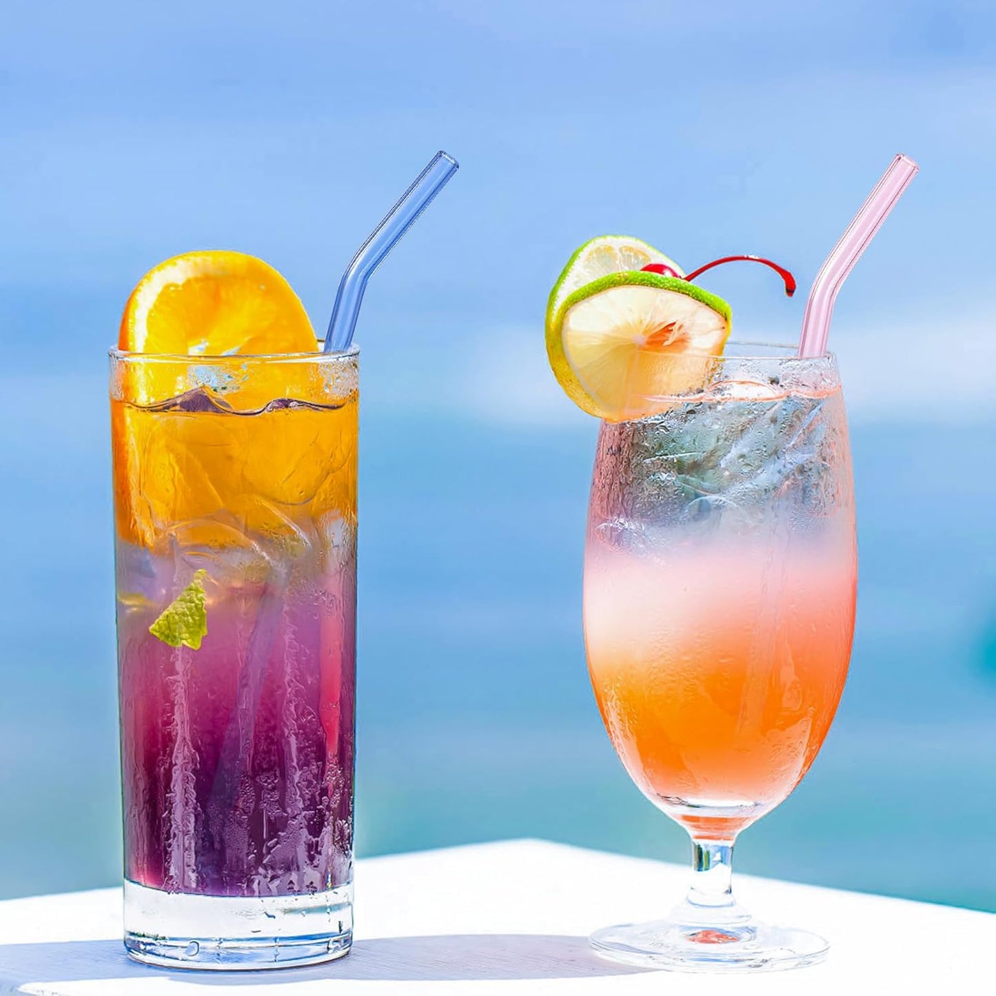 10 Pcs Reusable Bent Glass Drinking Straws,9''x10 mm Colorful Glass Straws for Beverages, Shakes, Milk Tea, Juices,Set of 10 Bent with 2 Cleaning Brushes -Shatter Resistant