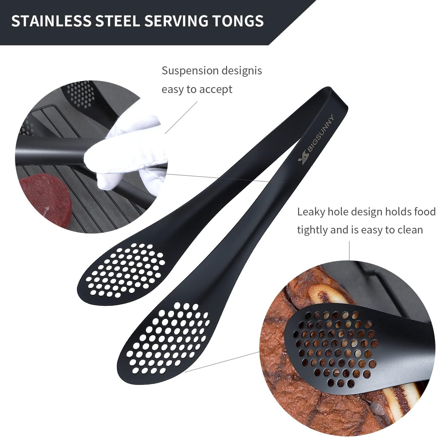 MSY BIGSUNNY Stainless Steel Buffet Tongs - Kitchen Food Tong for Cooking and Serving (Black - 9" Serving Tongs)