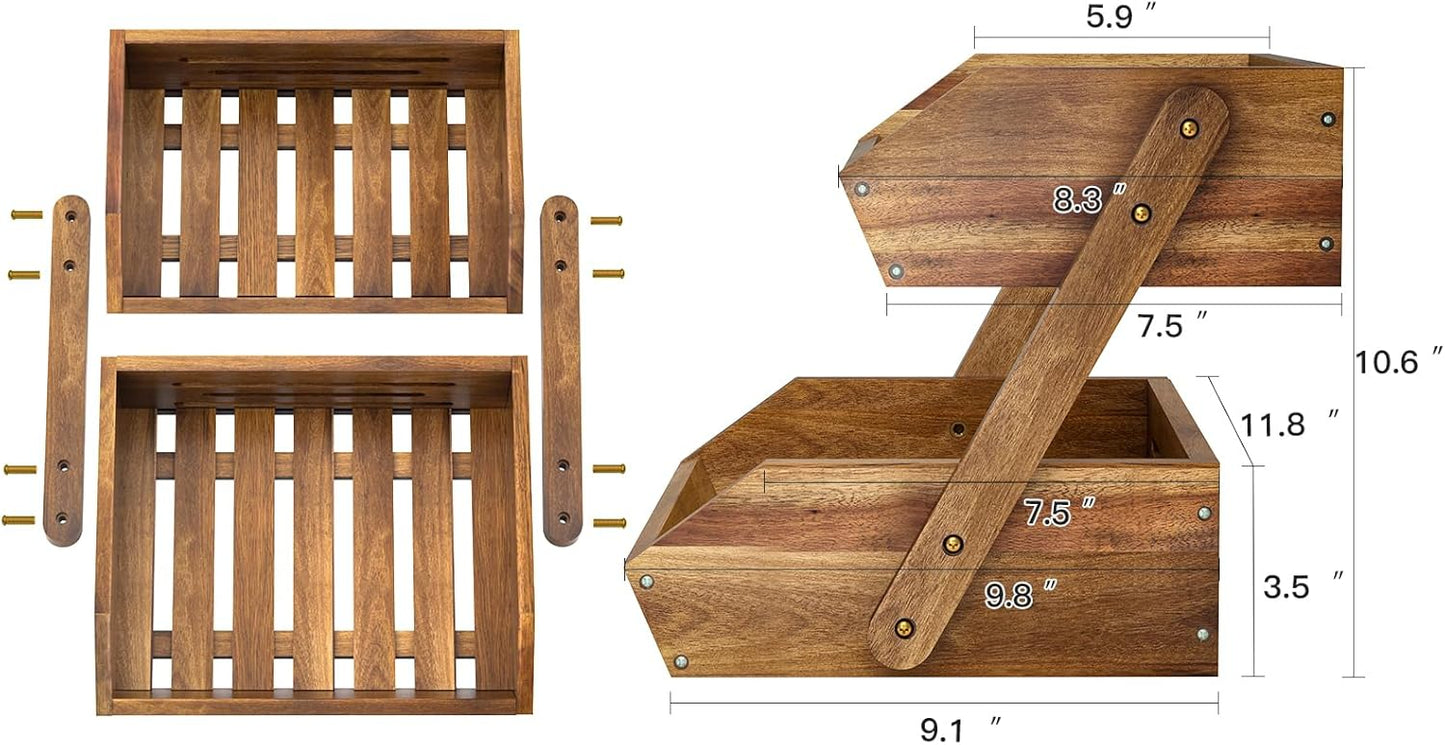 G.a HOMEFAVOR Fruit Basket: 2-Tier Acacia Wood Fruit Bowl for Kitchen, Fruit Stand Storage Holder for Vegetables and Snack Home Kitchen Countertop Organizer (Self-assembly)