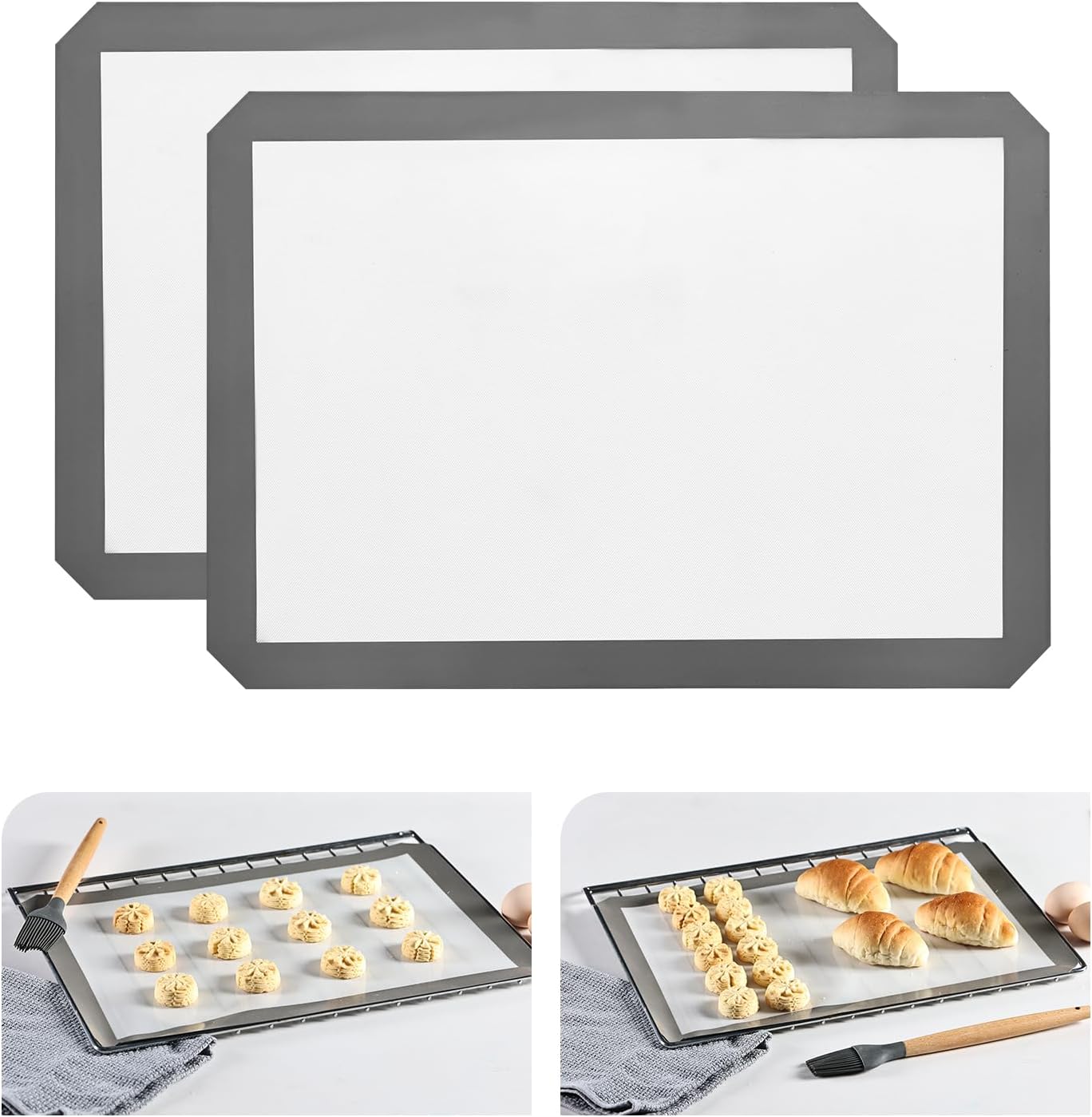 KitchenRaku 2-Pack Silicone Baking Mat, 16.5"x11.6" Reusable Silicone Baking Sheets for Oven, BPA Free Nonstick Bakeware Mats for Cookies, Macarons, Bread and Pastry