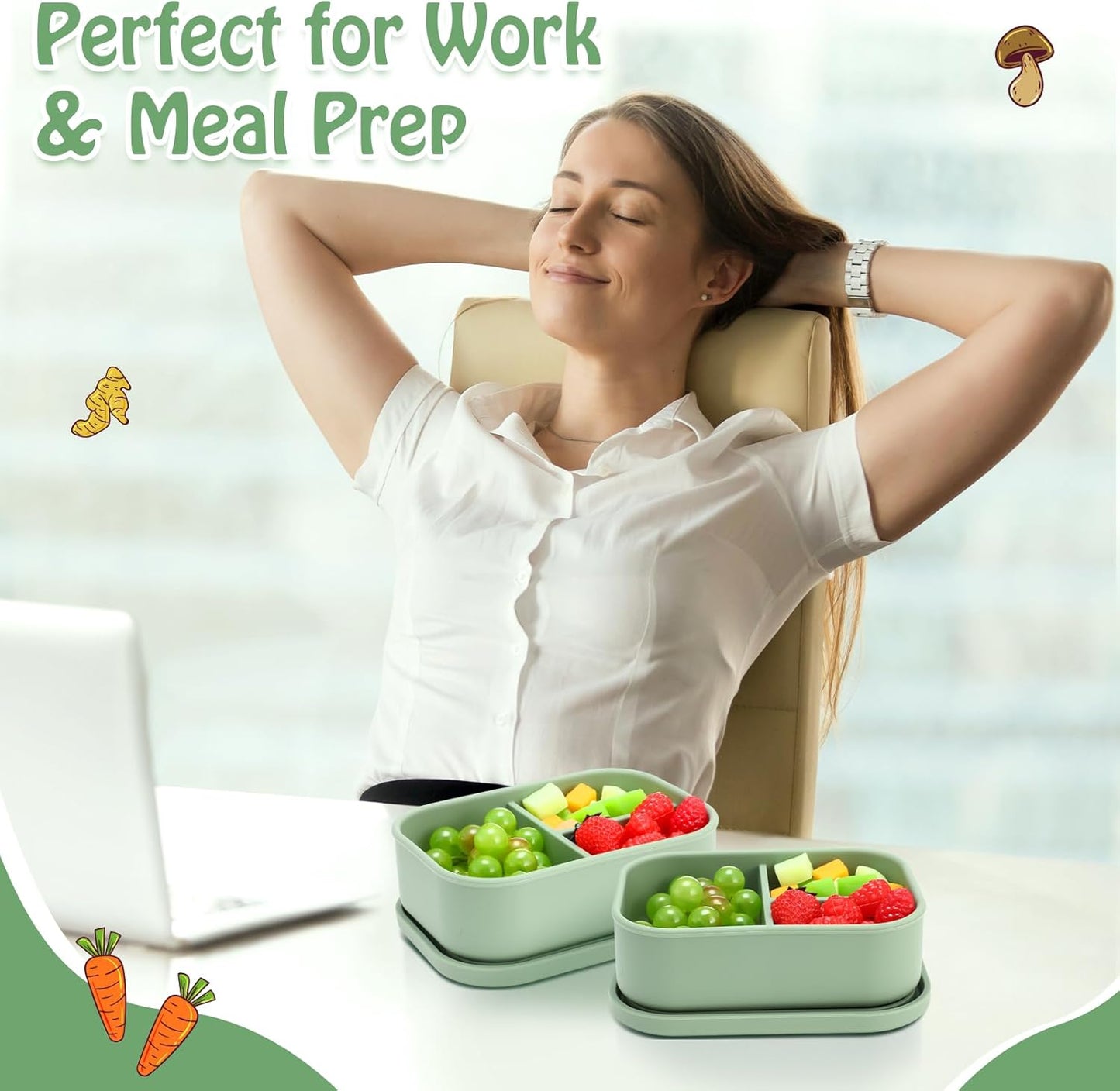 Honeydak 4 Pcs Silicone Bento Lunch Box 3 Compartment Reusable Leakproof Silicone Bento Lunch Container for Adults Microwave Dishwasher Freezer Safe(Olive Green)