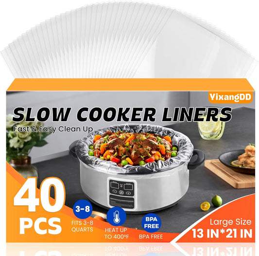 40 Pack Slow Cooker Liners, Large Size 13"x 21" Cooking Bags Disposable Pot Liners, Plastic Slow Cooker Bags Fits 3-8 Quarts, BPA Free, Suitable for Oval & Round Pot