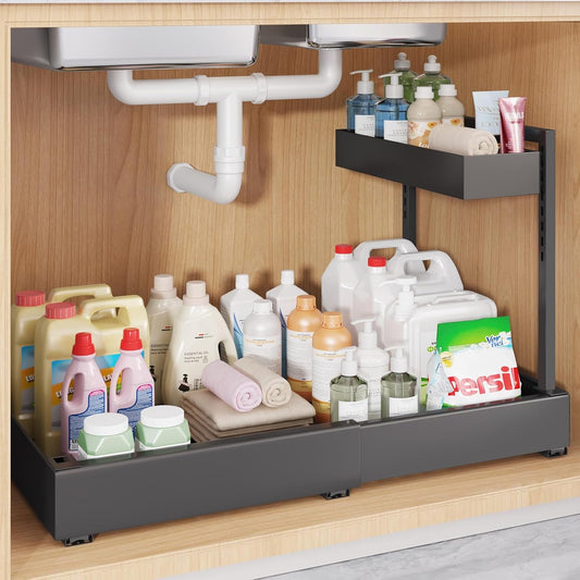 1-Pack L-Shape Expandable Under Sink Organizer with 3 Ball-Bearing Slide Rails,2-Tier Pull-Out Under Cabinet Storage Shelf for Kitchen & Bathroom,Height-Adjustable Slide-Out Cabinet Drawer-Black