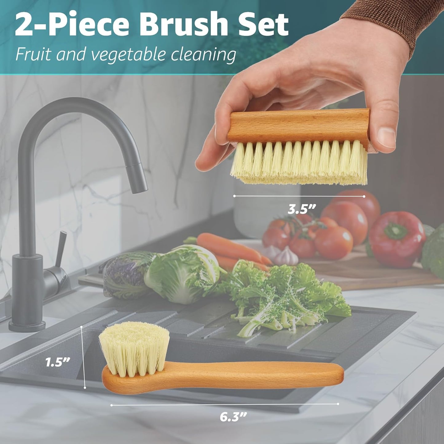 Vegetable Brush Set of 2 - Fruit and Vegetable Brush Scrubber for Food, Potato Scrubber, Mushroom Brush with Comfortable Wooden Handle, Veggie Brush for Carrots, Natural Produce Cleaning Brush