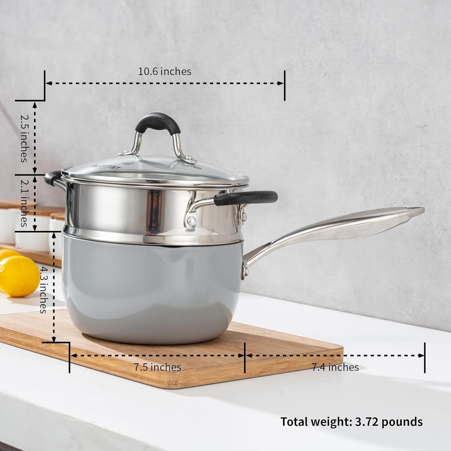 Ceramic Nonstick Tri-Ply Stainless Steel Sauce Pan with Steamer,2.5 Quart Small Multipurpose Pot with Pour Spout,Strainer Glass Lid, 2qt Saucepan for Cooking with Stay-cool Handle,Grey