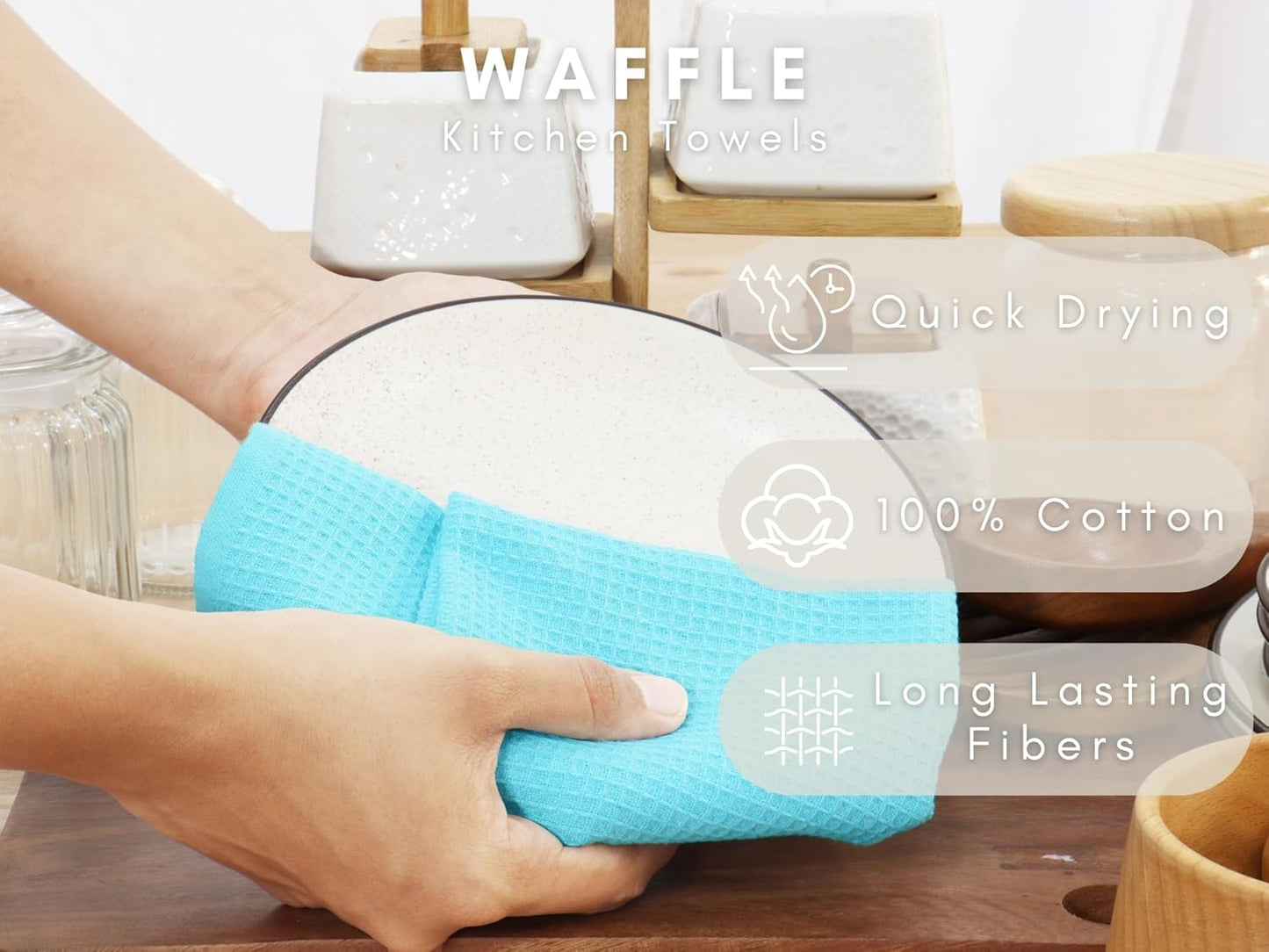 PurpleEssences Waffle Weave Kitchen Towel, 100% Cotton - 15 x 25 Inches, with Hanging Loop Ultra Soft Absorbent Quick Drying Dish Cloth, Tea and Hand Towels, 4 Pack - Spring Summer - Aqua Blue