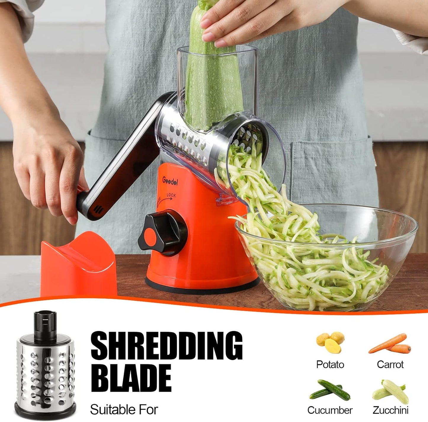 Geedel Rotary Cheese Grater, Kitchen Mandoline Vegetable Slicer with 3 Interchangeable Blades, Easy to Clean Rotary Grater Slicer for Fruit, Vegetables, Nuts