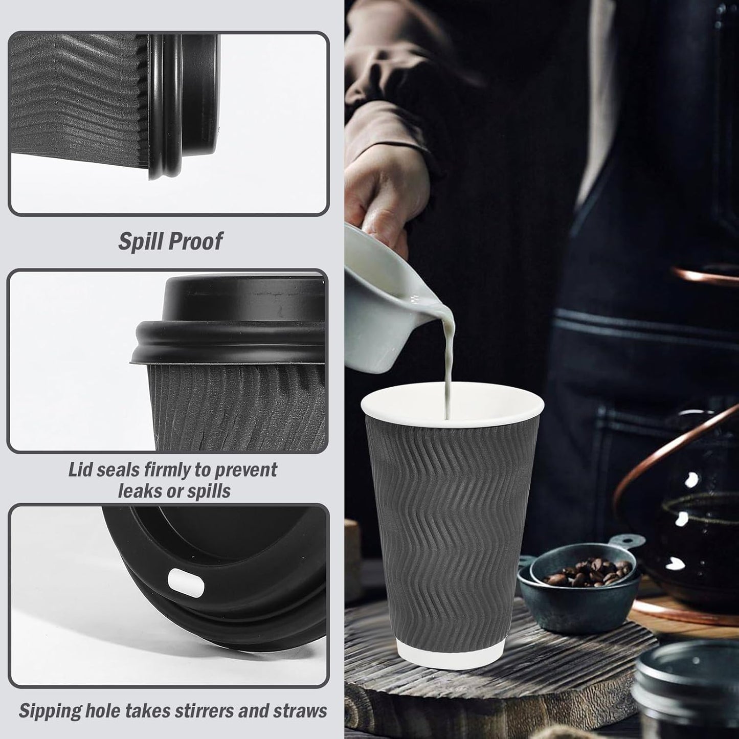 Lamosi 500 Pack - 16 oz Insulated Disposable Coffee Cups with Lids, To Go Paper Coffee Cups with Lids, Corrugated Ripple Wall Cup for Hot Drink Office Coffee Bar (Grey)