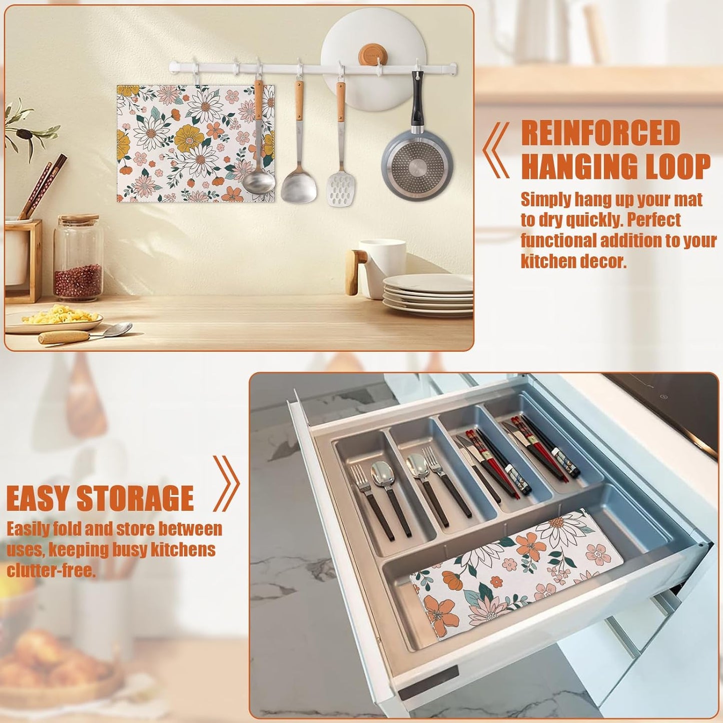 Boho Flower Dish Drying Mat for Kitchen Counter Microfiber Absorbent Dish Kitchen Drying Mat Draining Reusable Washable for Dishes/Utensils/Counterto