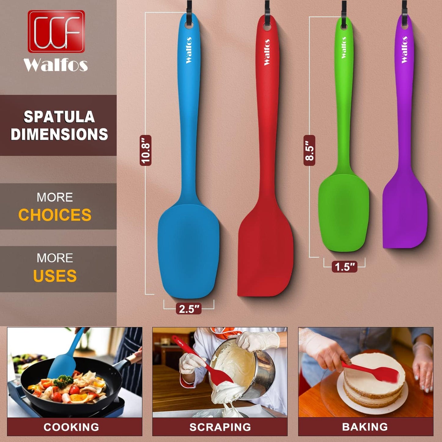 Walfos Silicone Spatula Set of 4(600°F）,Heat Resistant Kitchen Silicone Scraper Spatulas, Strong Steel Core and One-Pieces Seamless Design, For Cooking Mixing & Baking,BPA Free & Dishwasher Safe