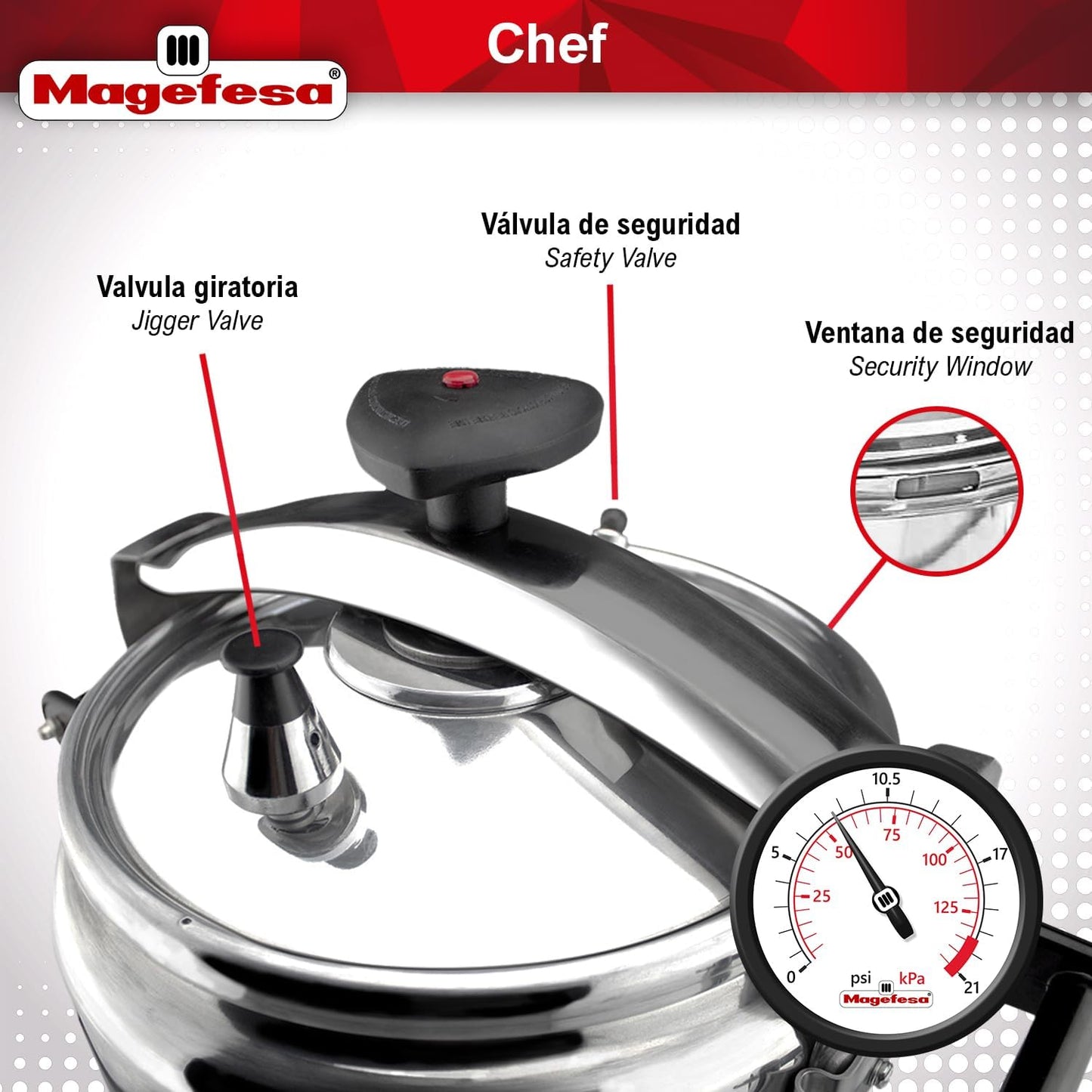 MAGEFESA Chef 16-Quart Aluminum Pressure Cooker – Stainless Steel Lid, Thermodiffusion Base, 3 Safety Systems, Fast & Even Cooking