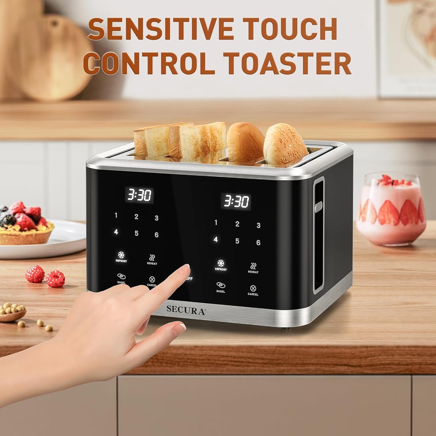 Secura 4-Slice Touchscreen Toaster – Digital Countdown, Dual Control Panels for Personalized Toasting