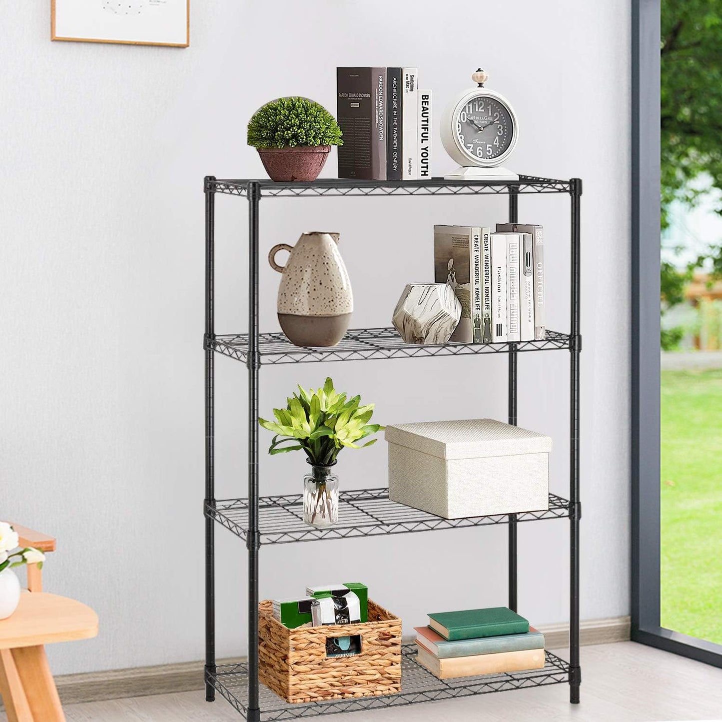 36" L×14" W×54" H Commercial Wire Shelving Unit Metal Shelf with 4 Tier Adjustable Layer Rack Strong Steel for Restaurant Garage Pantry Kitchen Garage，Black