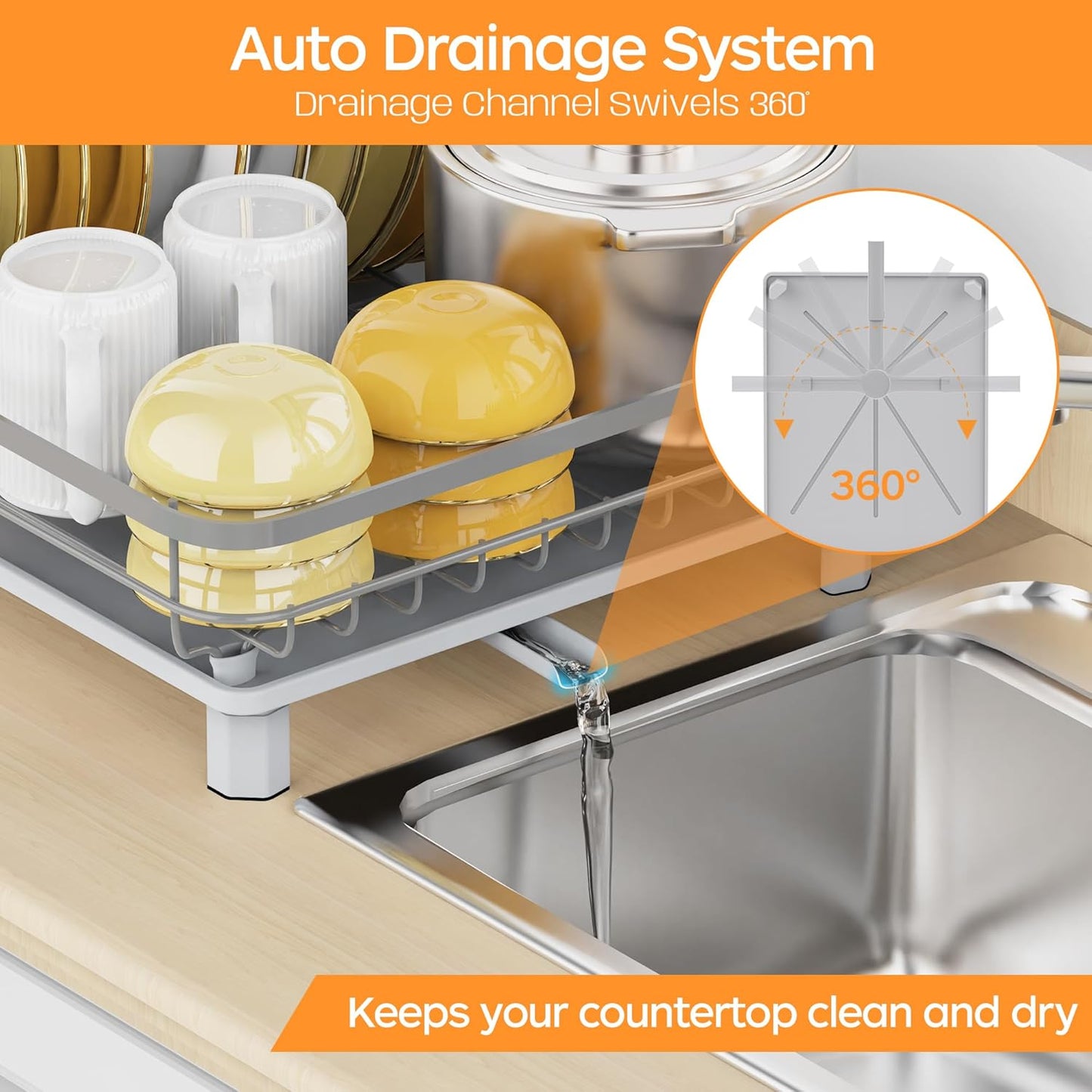 Dish Drying Rack, Stainless Steel Rustproof Dish Rack for Kitchen Counter, Sturdy Dish Drainer with Drainboard, Drainage, Utensil Holder for Various Kitchenware, 16.2"(L) x 12.6"(W), Grey