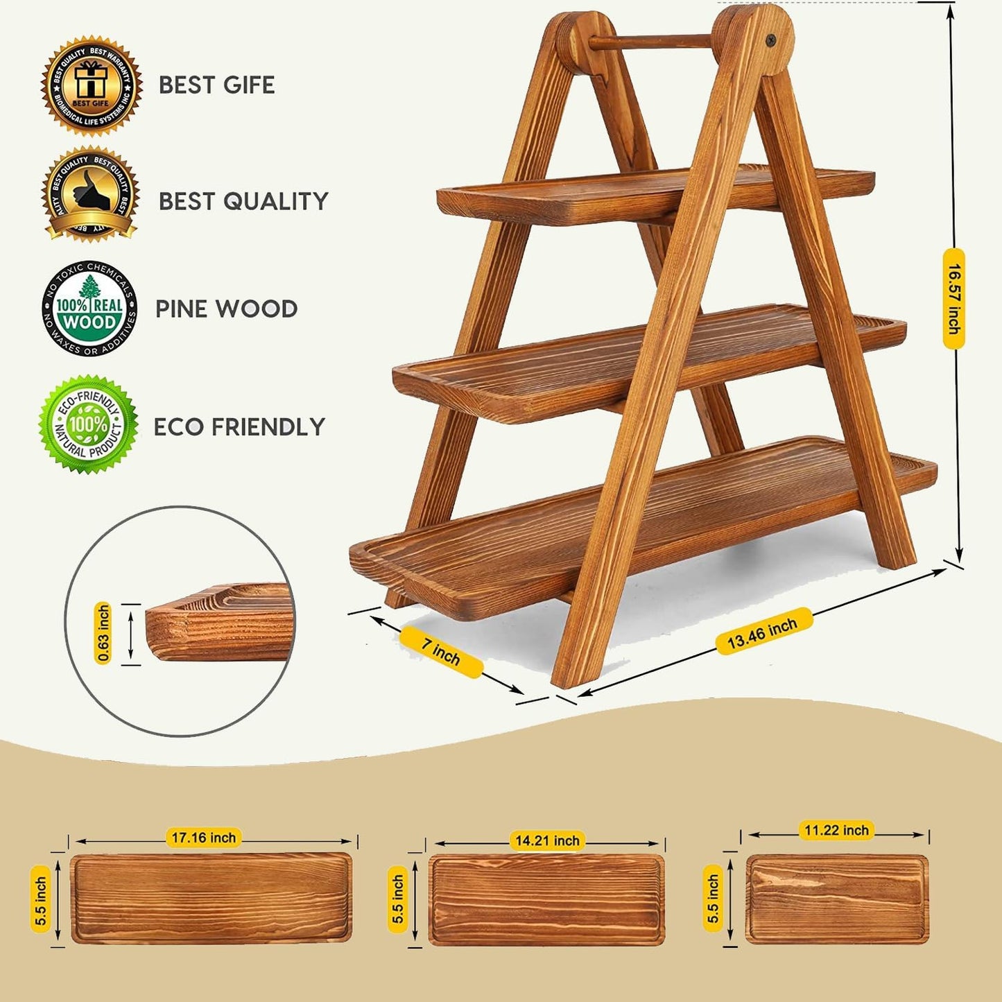 Wooden 3 Tier Serving Tray, Detachable Cupcake Stand, Rectangle Serving Platter Three Tiered Stand,Fruit,Appetizer,Dessert Decorative Tray Decor Party Food Table Display