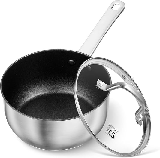 KOCH SYSTEME CS Stainless Steel Saucepan 2 Quart, Stainless Steel Saucepan with Ultra Nonstick Coating, 2 Quart Sauce Pan with Lid, Nonstick Pot 2QT, Easy to Clean, Oven Safe, Induction Compatible
