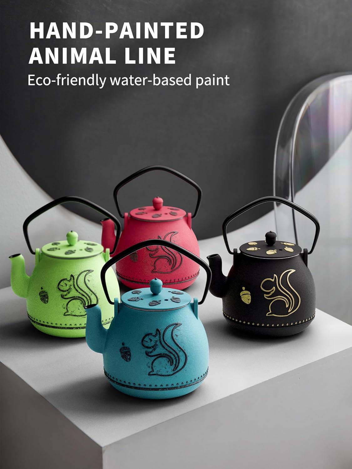 Toptier Teapot with Removable Infuser, Cast Iron Tea Kettle Stovetop Safe, Squirrel Design Tea Pot Coated with Enameled Interior for 32 Ounce (950 ml), Red