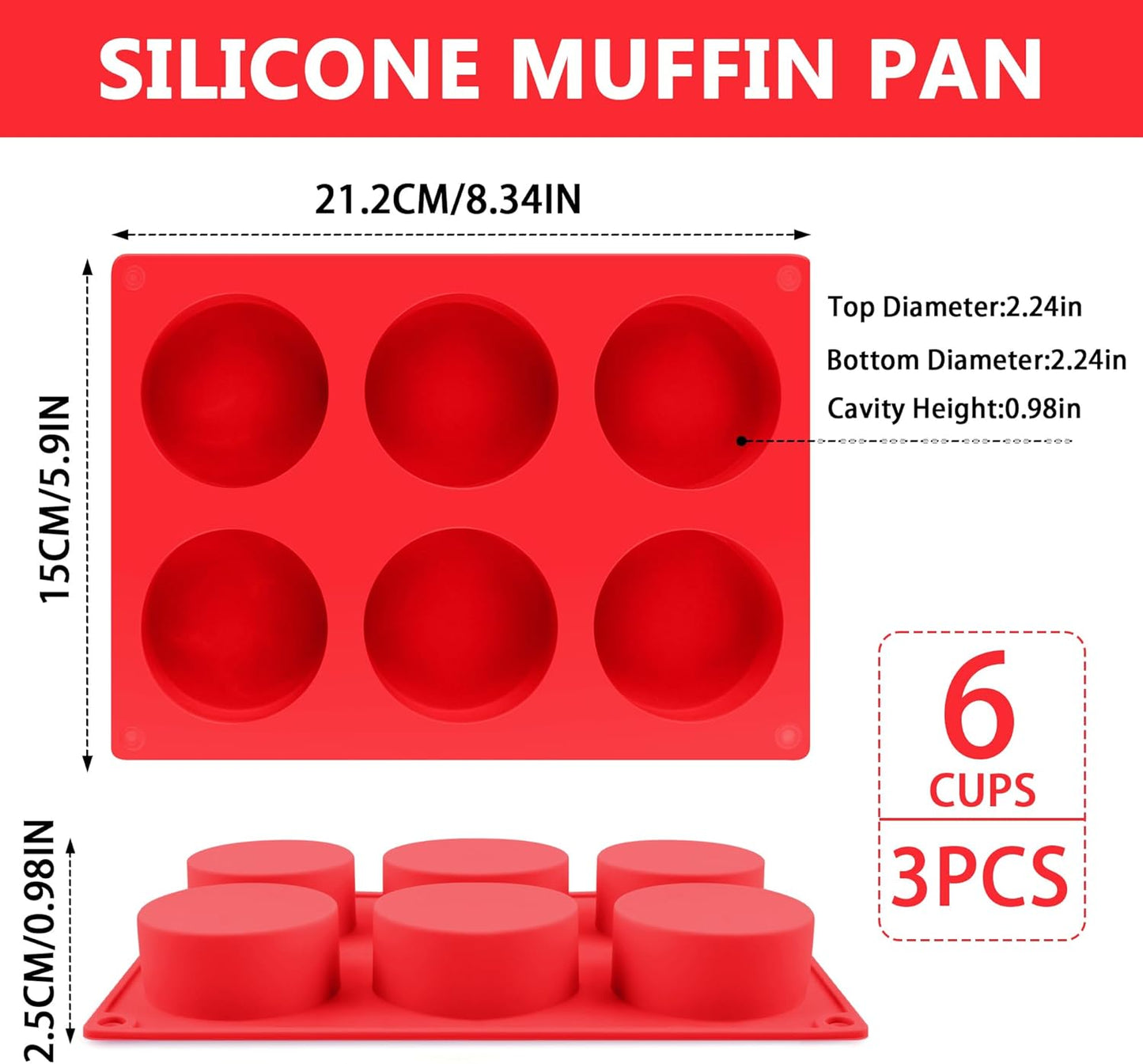 3-Pack Jumbo 6-Cup Silicone Muffin Pan Silicone Muffin Pan - Non-Stick Baking Mold for Cupcakes, Cornbread, Eggs - Red