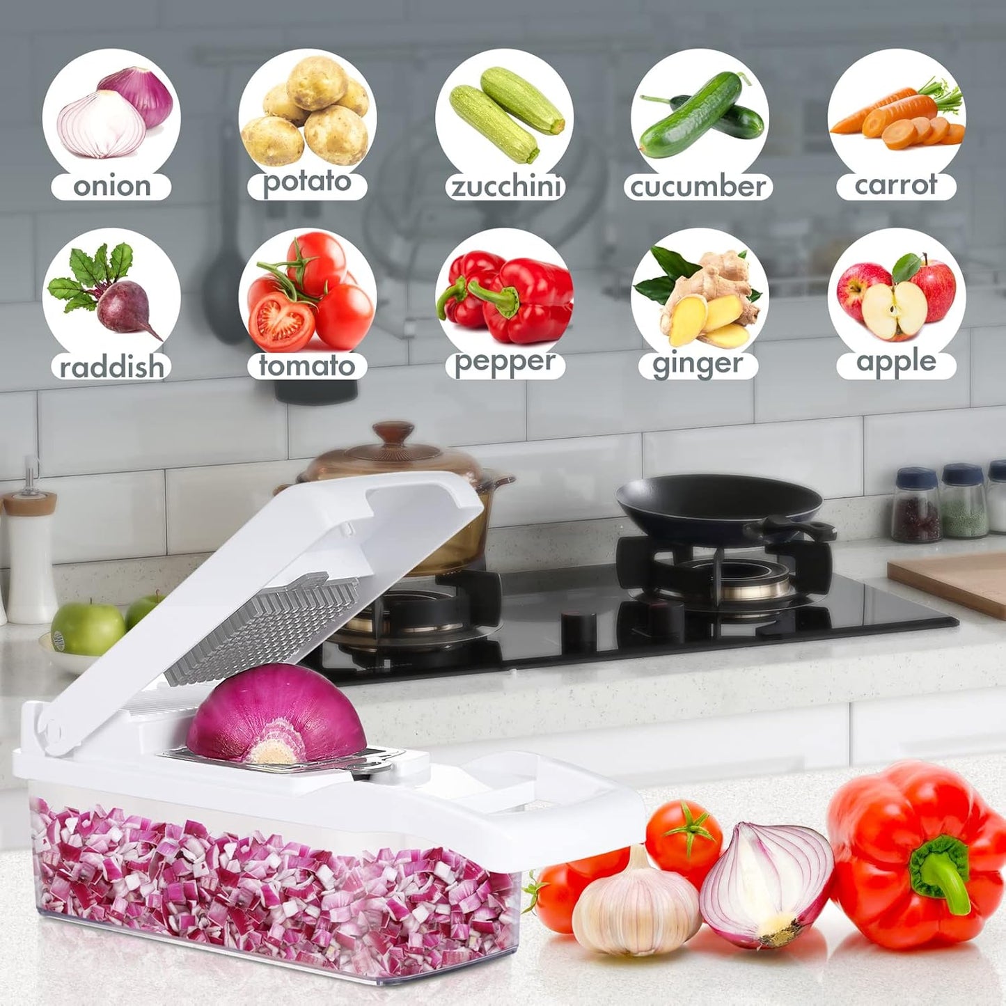 Ourokhome Vegetable Chopper Onion Cutter, 12 in 1 Professional Mandoline Slicer for Kitchen, Multifunctional Food Chopper for Potato, Tomato, Veggie with Strainer Basket, 8 Blades, White