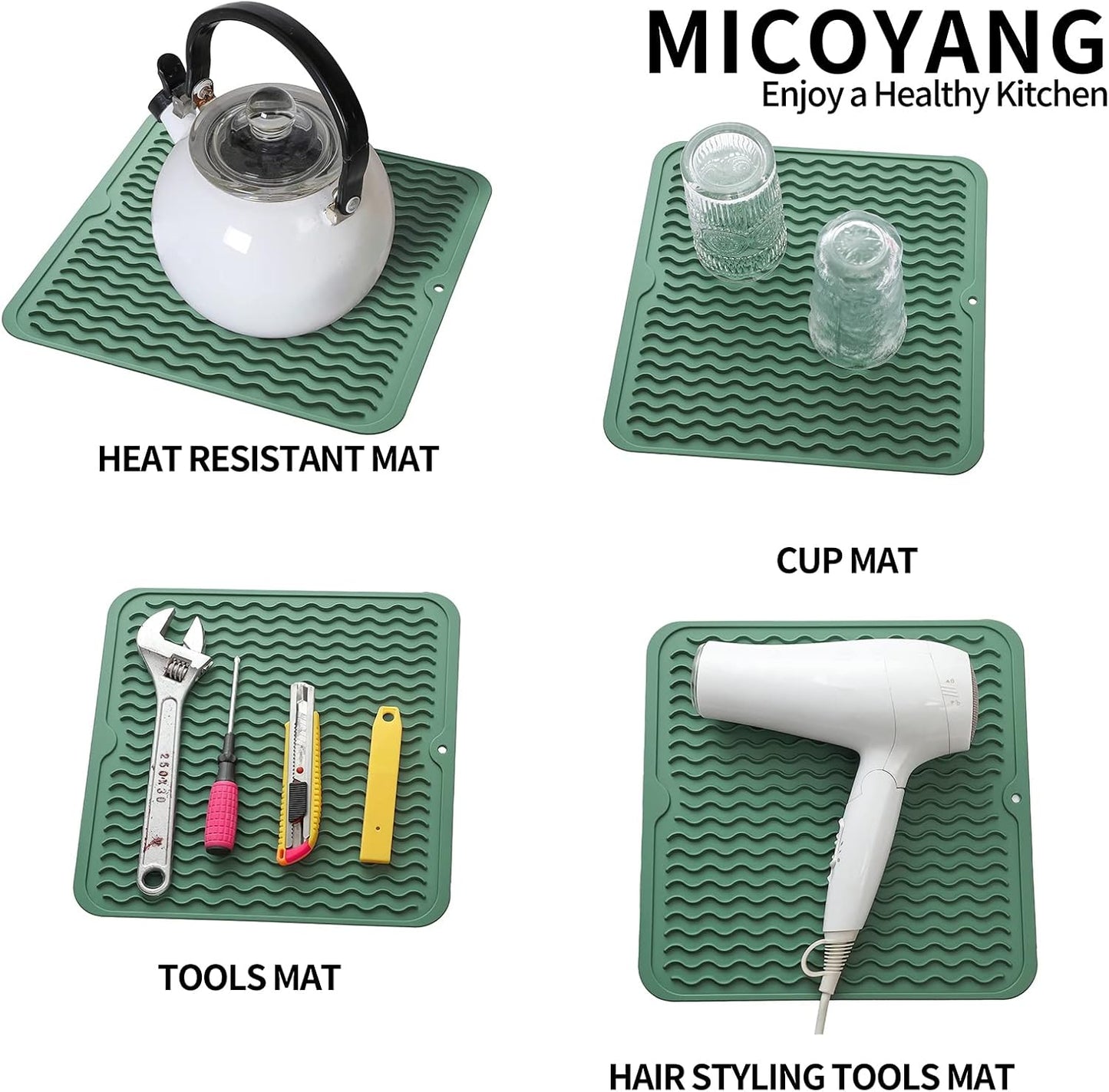 Silicone Dish Drying Mat for Multiple Usage,Easy clean,Eco-friendly,Heat-resistant Silicone Mat for Kitchen Counter or Sink,Refrigerator or Drawer liner Green M 12 inches x 12 inches