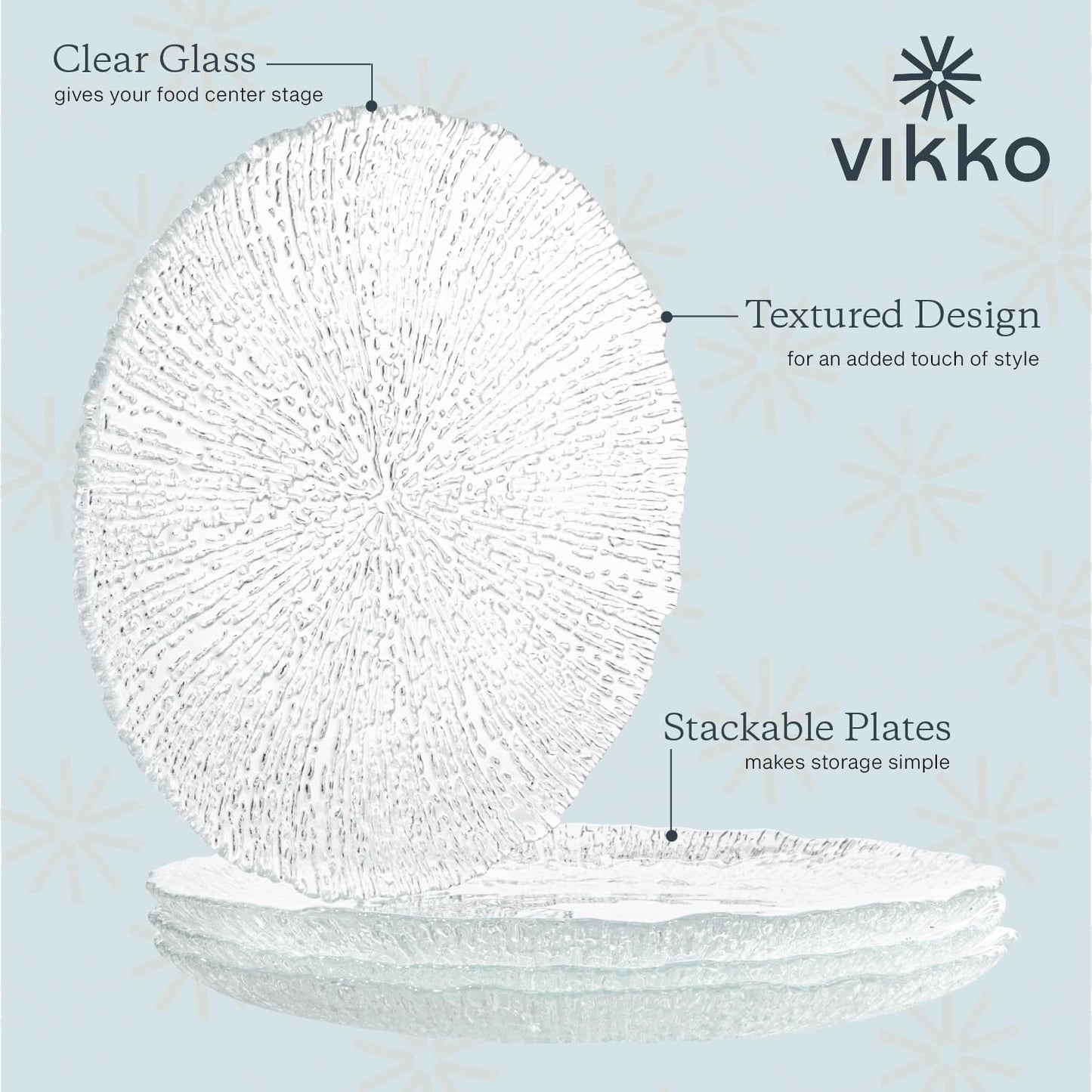 Vikko Salad Plate, Set of 6 Glass Plates, 8.5 Inch Dessert, Salad, Appetizer Plate, Elegant Textured Glass Design, Stackable Plates For Special Occasion, Dishwasher Safe