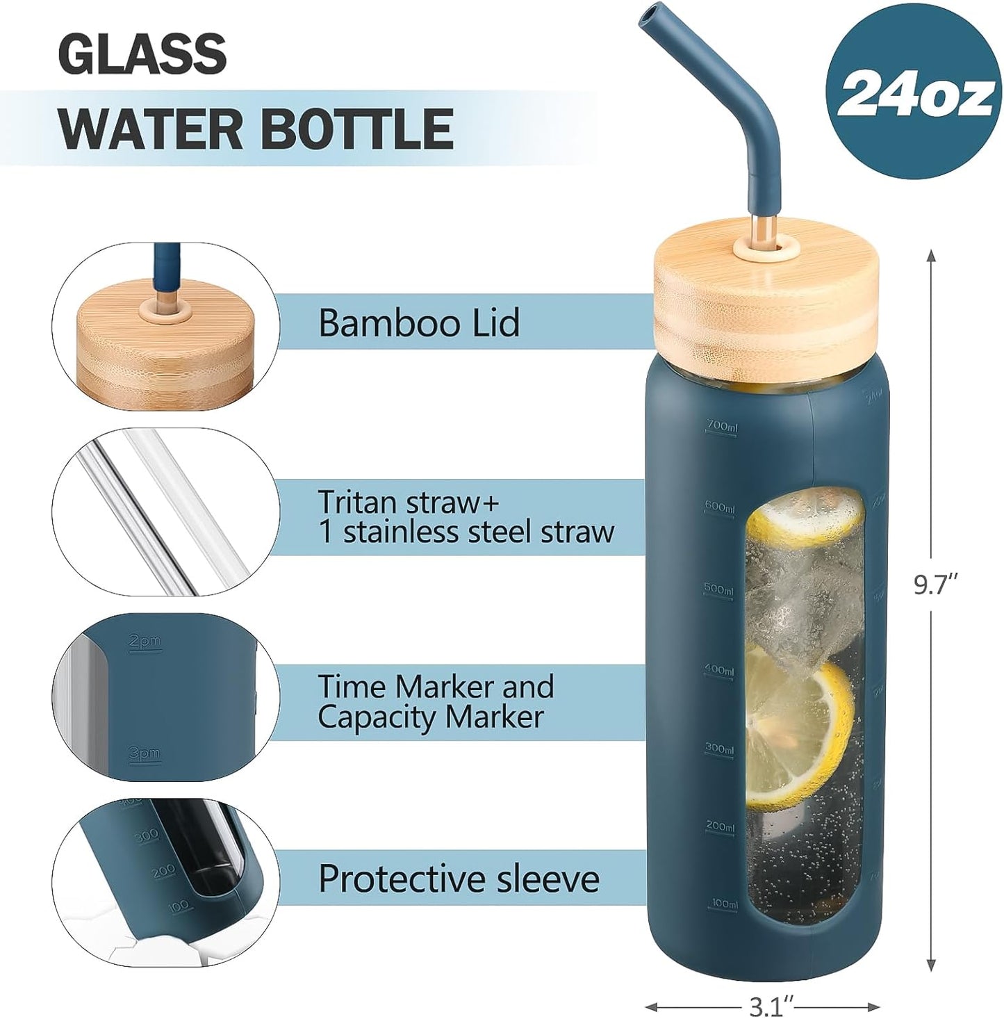 Glass Water Bottle with Straw, 24oz Glass Drinking Bottle with 2 Lids-Bamboo and Spout Lid with Phone Holder Handle for Gym Sports,with Silicone Sleeve and Time Marker,Dark Blue