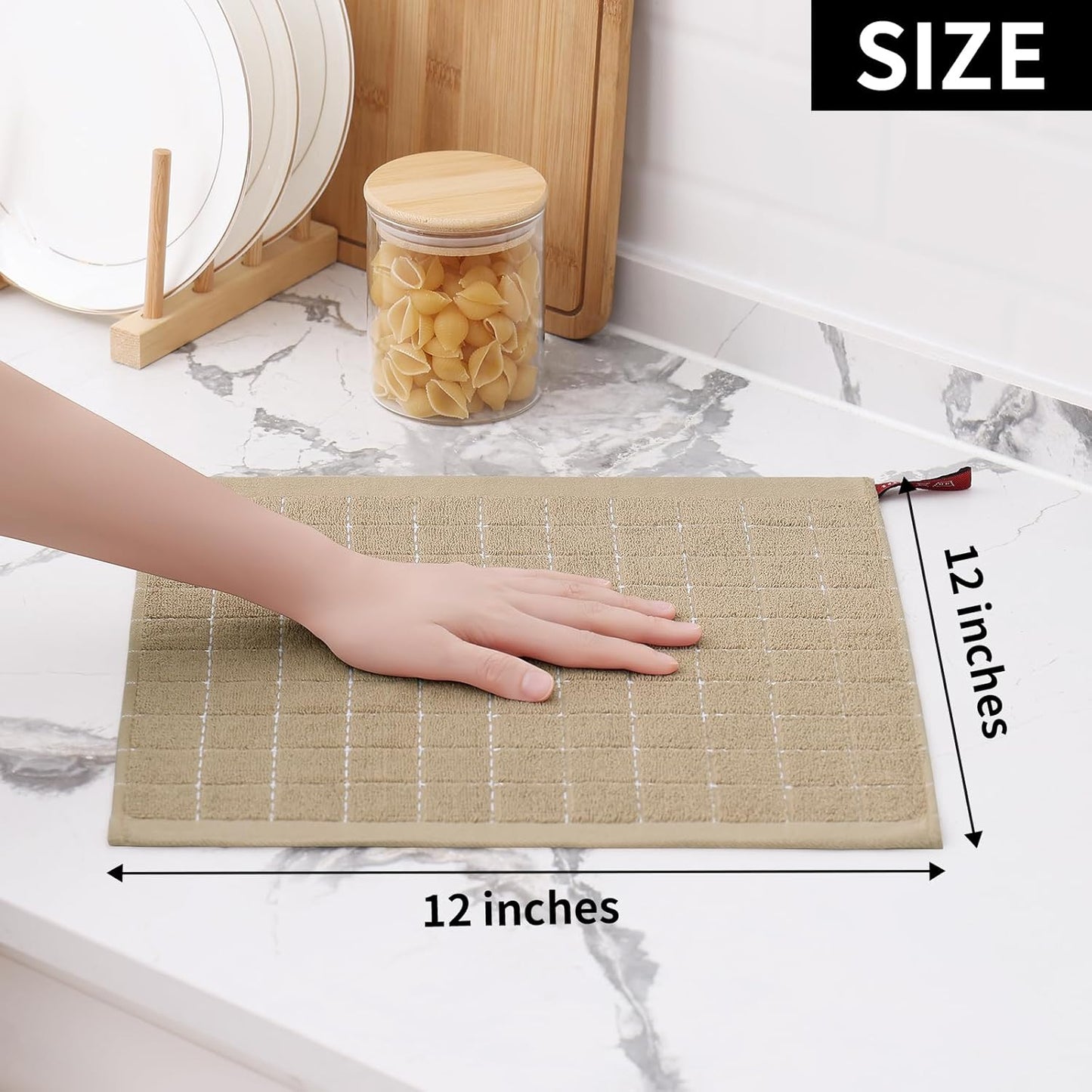 Homaxy 100% Cotton Terry Kitchen Dish Cloths, Ultra Soft and Absorbent Dish Towels for Kitchen, Perfect for Drying and Washing Dishes, 12 Pack, 12 x 12 Inches, Tan