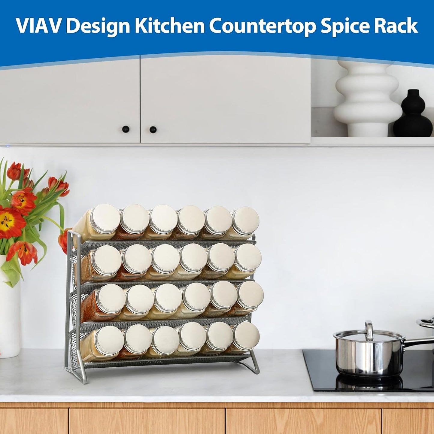 1PCS 4Tier Spice Rack for Counter Free Standing,Spice Rack for Inside Cupboard Hanging Wall Mounted Spice Seasoning Organiser Spice Jars Bottle Organizer for Kitchen Pantry（Silver）