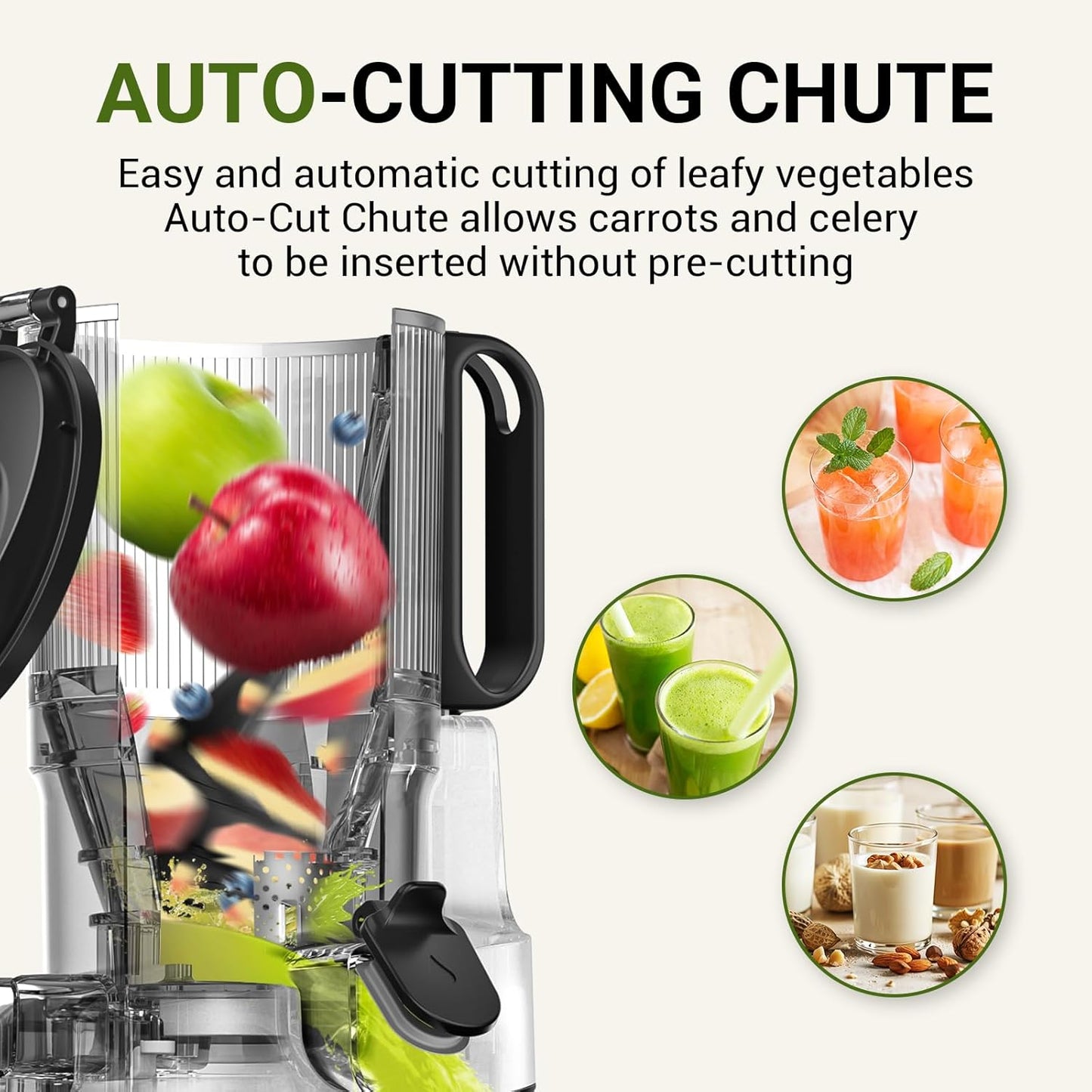 AMZCHEF Juicer Machines, 5.8" Extra Self-Feeding Cold Press Juicer for Whole Vegetable & Fruit, Juice Extractor Machine with Large Auger & Triple Strainers, Easy to Clean, High Juice Yield, Black