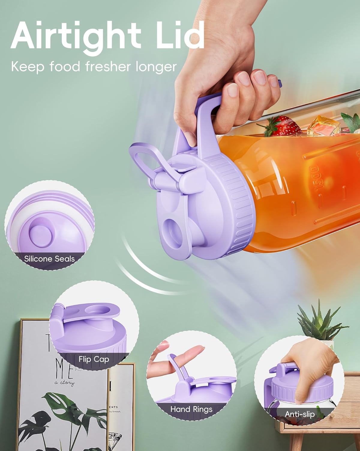 64oz Glass Mason Jar Pitcher with Lid Wide Mouth, 2 Quart Leakproof Glass Water Jug for Juice, Sun Iced Tea, Cold Brew Coffee, Milk Storage, Purple