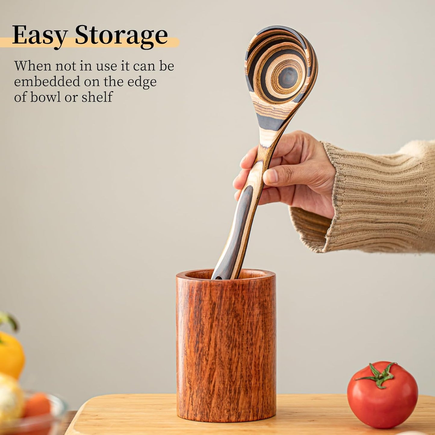 Gudamaye Pakkawood Deep Soup Ladles, 10.6 inch Big Wooden Ladle for Cooking, Wooden Kitchen Utensils Set