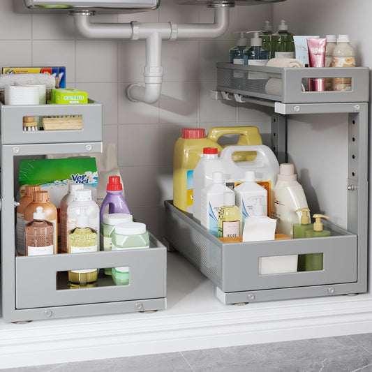 2-Pack Under Sink Storage Organizer, Large 2-Tier Elegant Mesh Pull Out Shelf for Kitchen and Bathroom Cabinet Organization, L-Shaped and Adjustable Height Design-Gun Gray