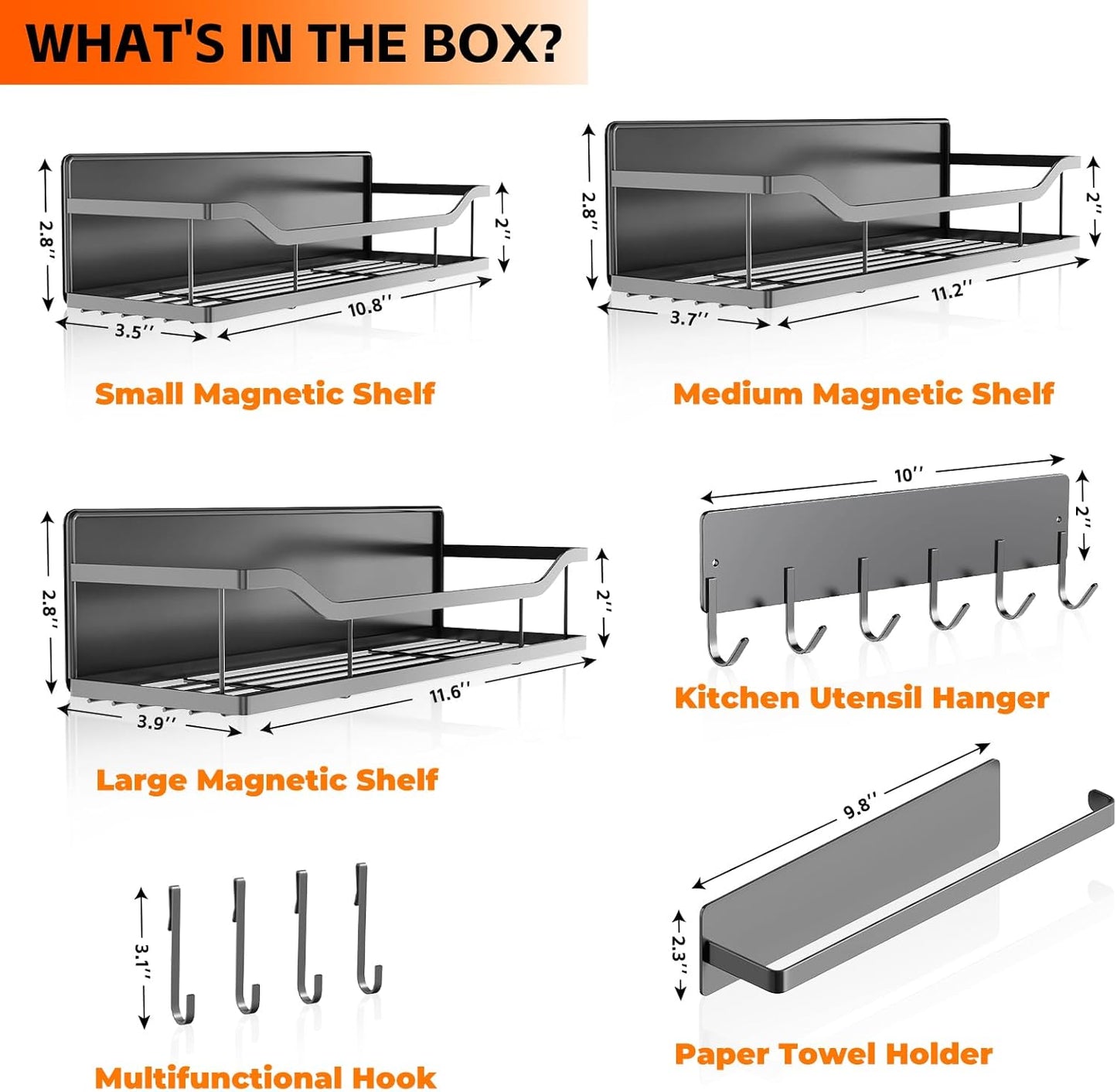 5 Pack Multifunctional Magnetic Shelves for Refrigerator Spice Rack & Washing Machine Organize, Include Paper Towel Holder, Kitchen Utensil Hanger and Hooks, Strong Magnet for Secure Hold (Gray)