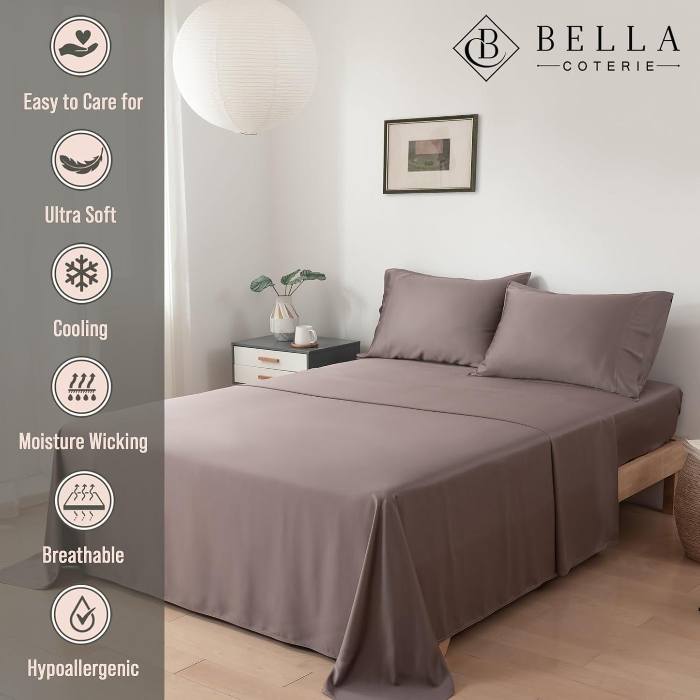 Bella Coterie Luxury Bamboo Viscose Split King Size Sheet Set | 100% Organically Grown | Ultra Soft | Cooling for Hot Sleepers | 18" Deep Pocket [Mocha]