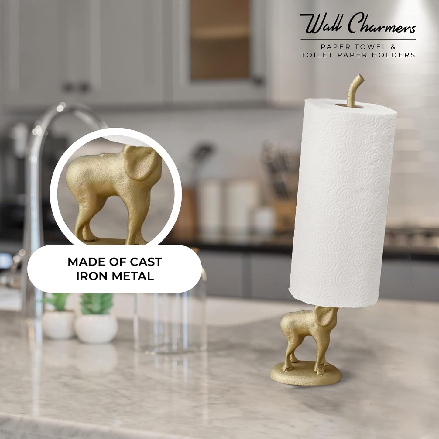 WallCharmers Gold Paper Towel Holder, Metal Toilet or Kitchen Paper Holder for Floor or Countertop, Gold Elephant